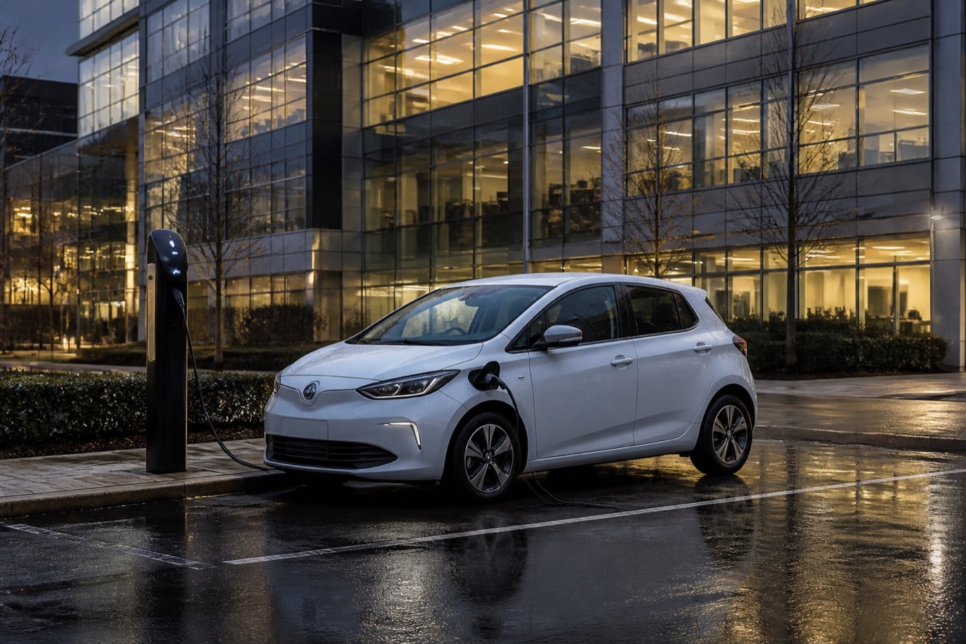 An electric hatchback outside a UK office at dusk