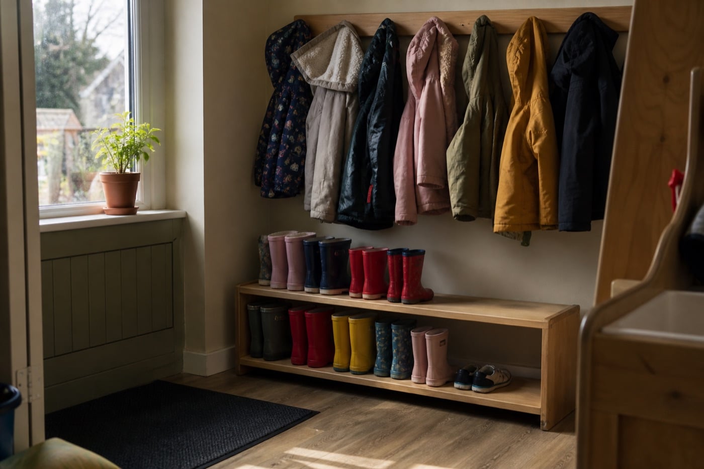 A child’s coat hanging in a UK hallway