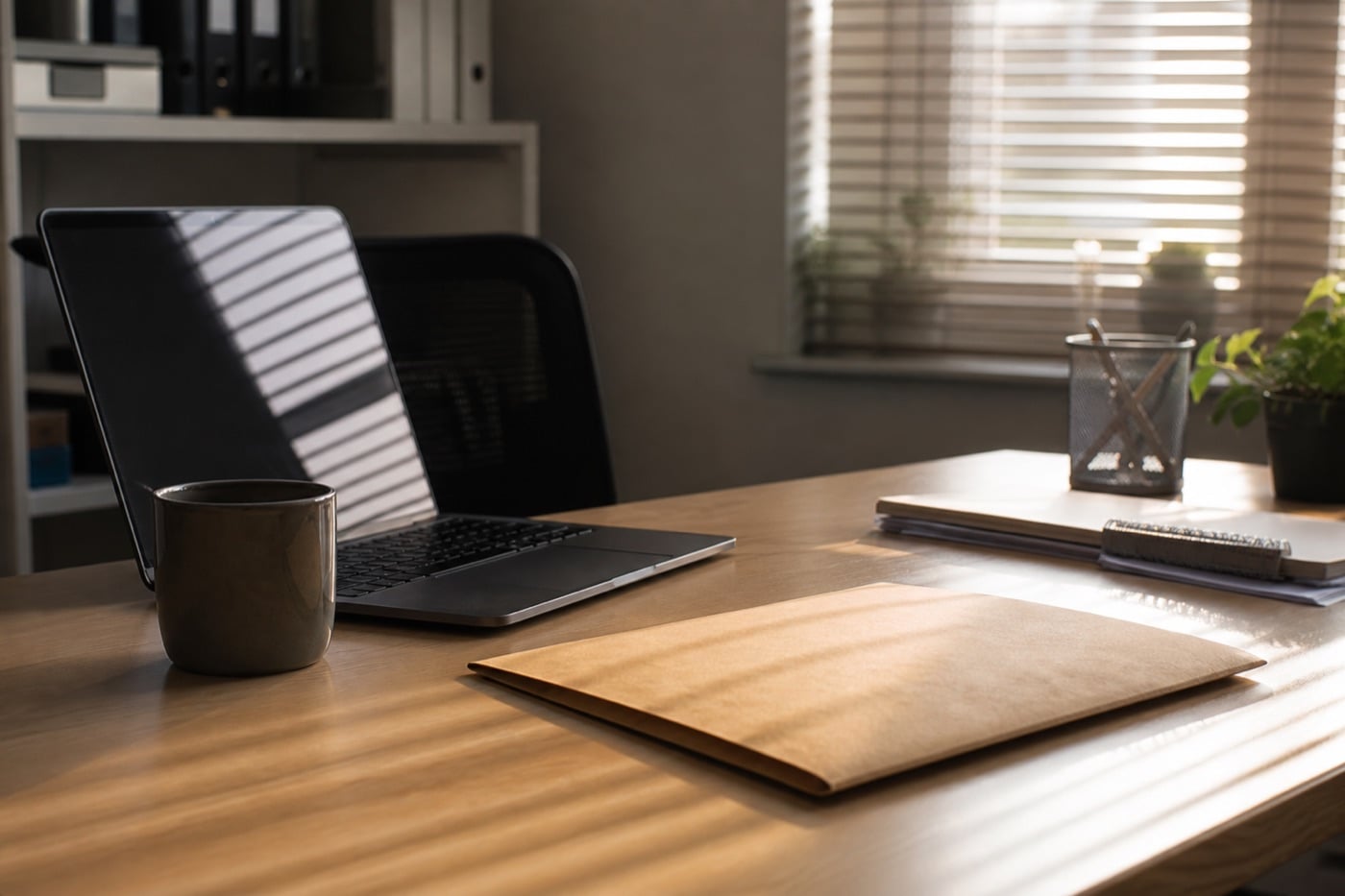 A limited-company desk with a laptop and unopened envelope