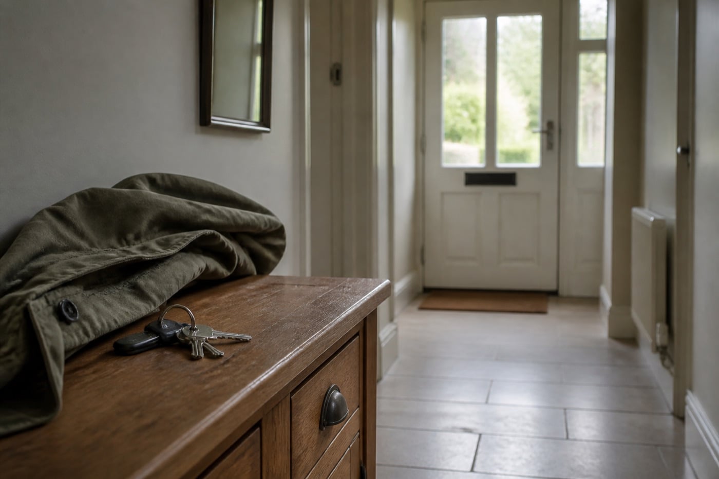House keys on a wooden console in a UK hallway