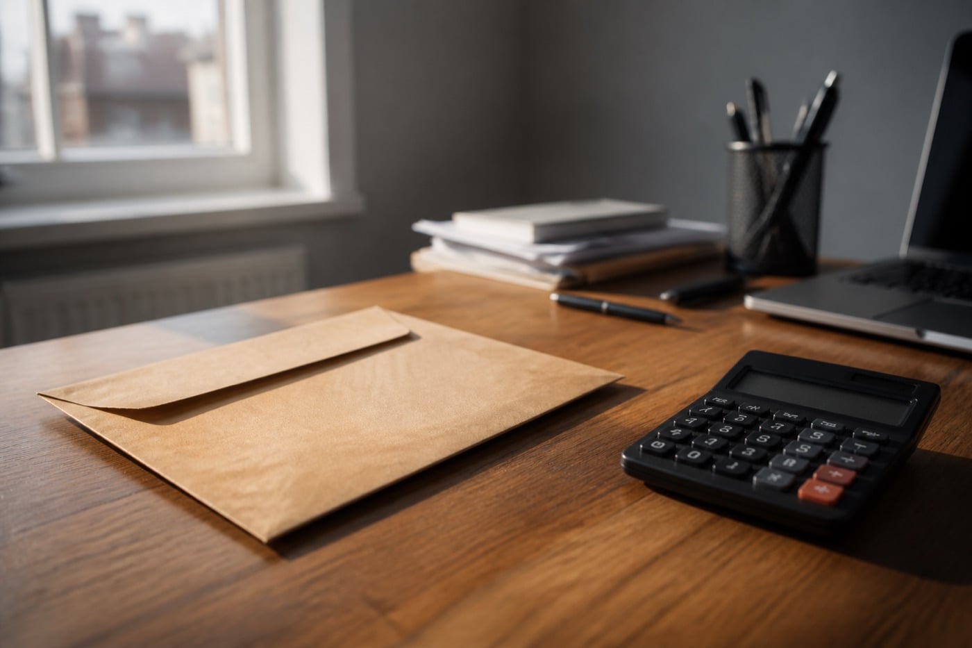 A brown tax envelope and calculator on a UK home-office desk
